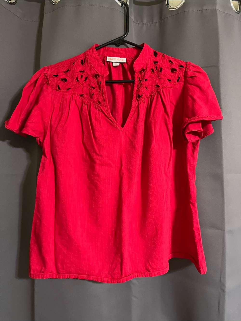 Knox Rose Bright Red Eyelet Yoke Short Sleeve Blouse